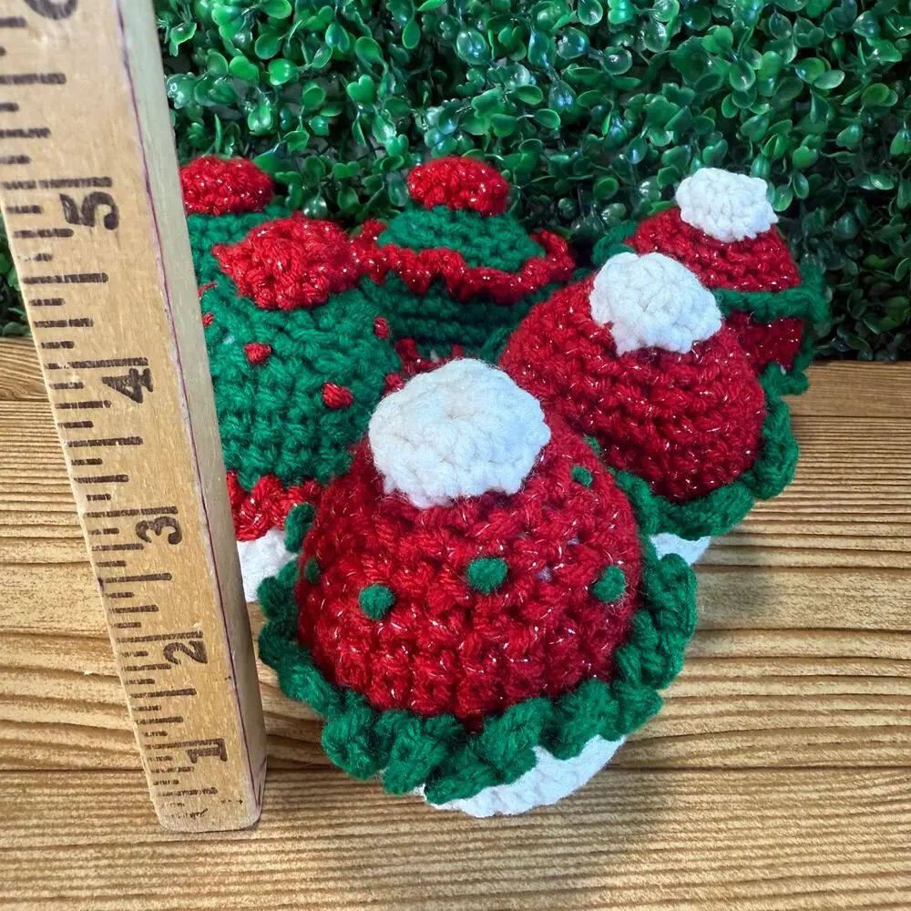 Bundle of 6 Handmade Crochet Christmas Red & Green Cupcake Holiday Decor Gift